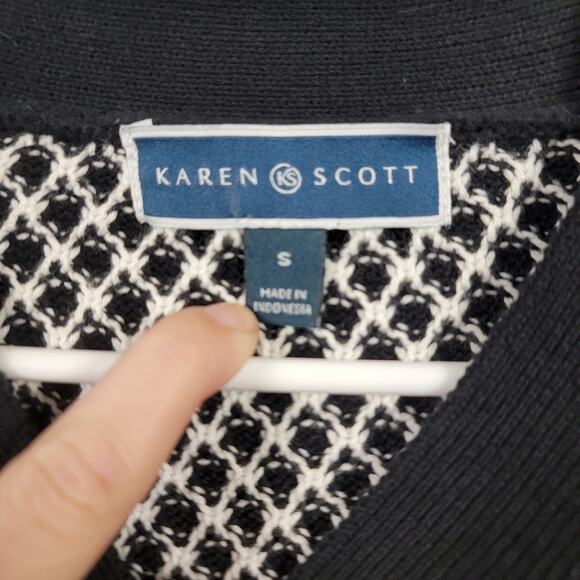 Karen Scott Black White Geometric Cotton Toggle Sweater Classic Preppy Layer - Picture 4 of 8
